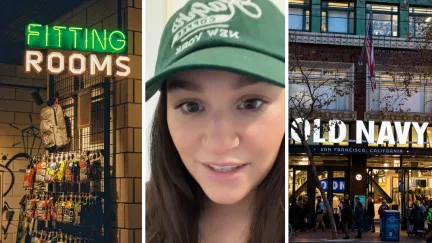 fitting rooms (l) woman shares old navy concern (c) old navy store front (r)