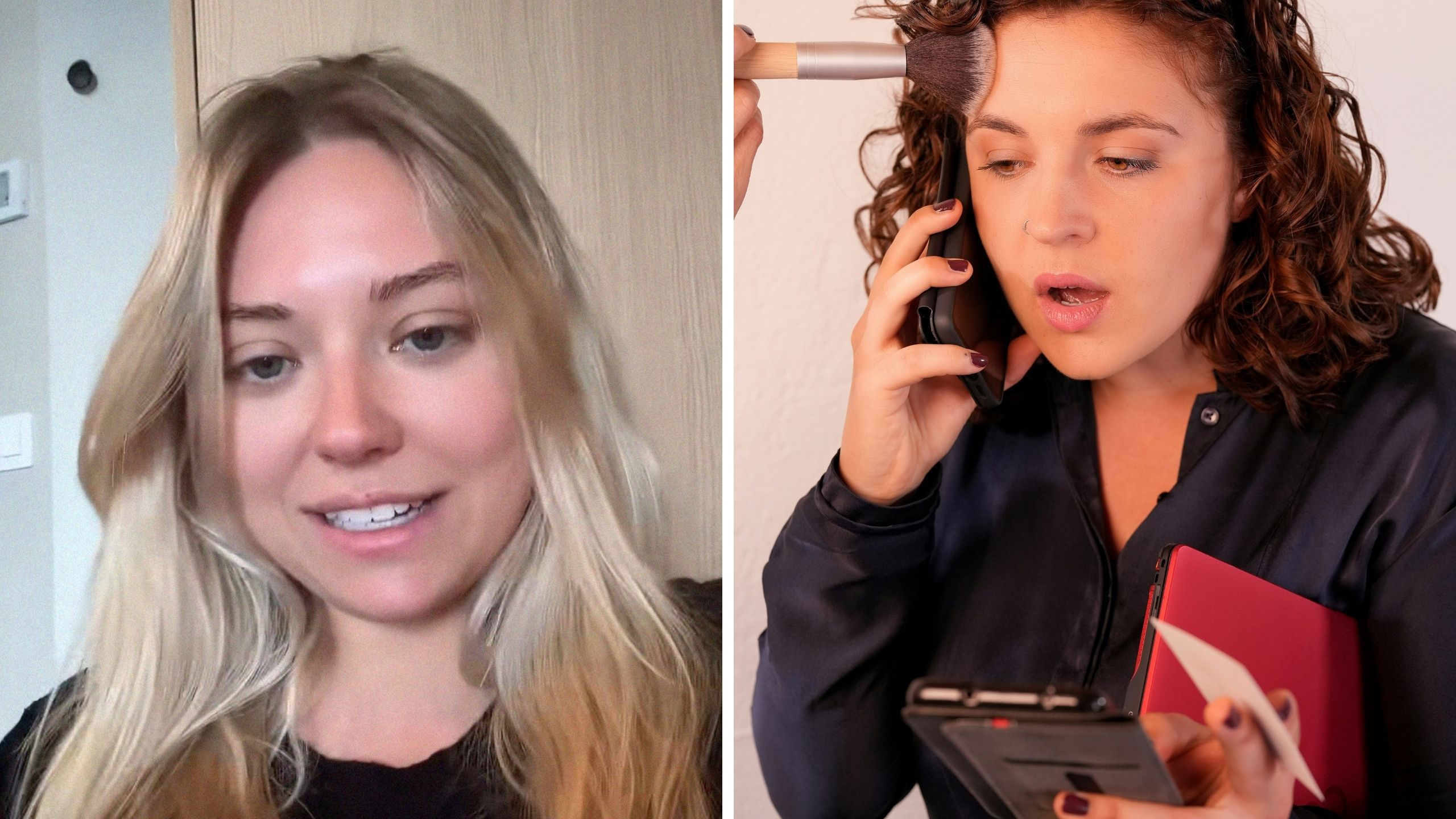 woman shares relationship issues (l) woman going through phone (r)
