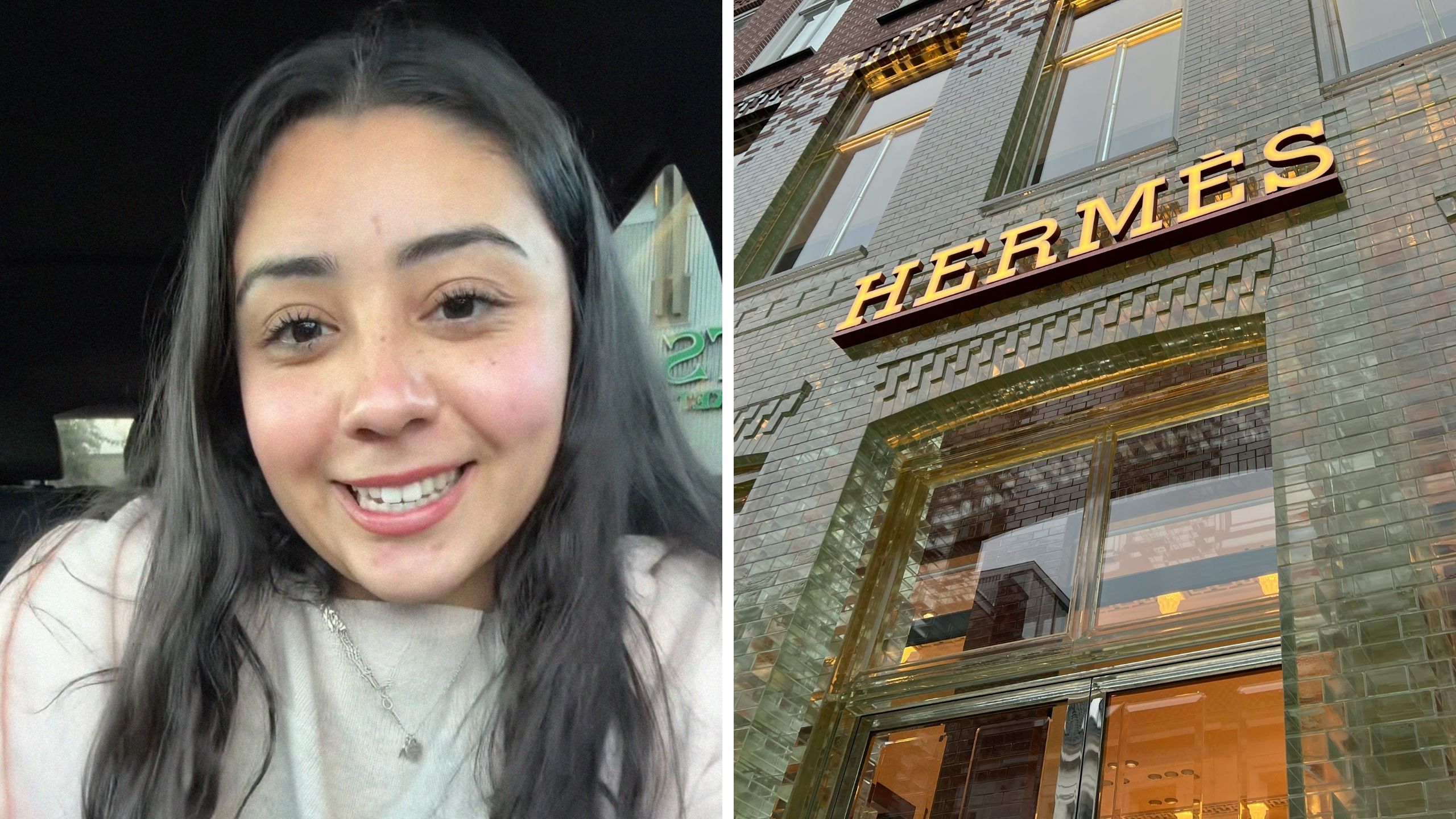 woman shares aspen shopping experience (l) hermes store front (r)