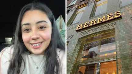 woman shares aspen shopping experience (l) hermes store front (r)