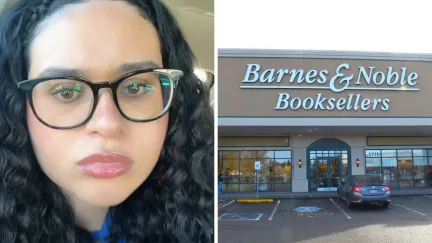 woman shares book shopping experience (l) Barnes & Noble storefront (r)