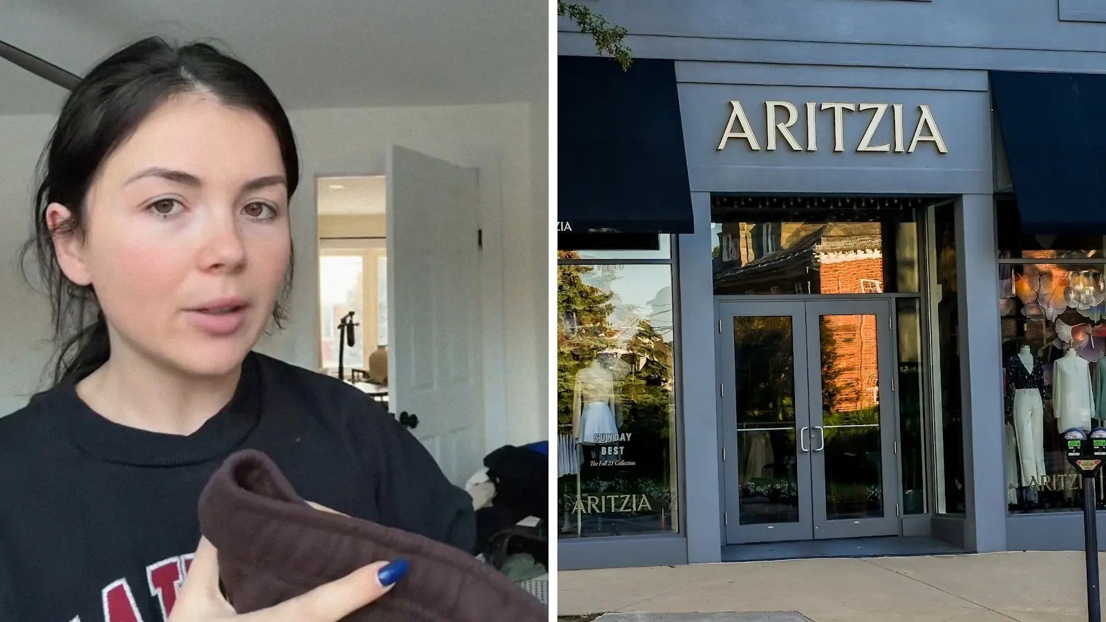 woman shares purchase issue (l) Aritzia storefront (r)