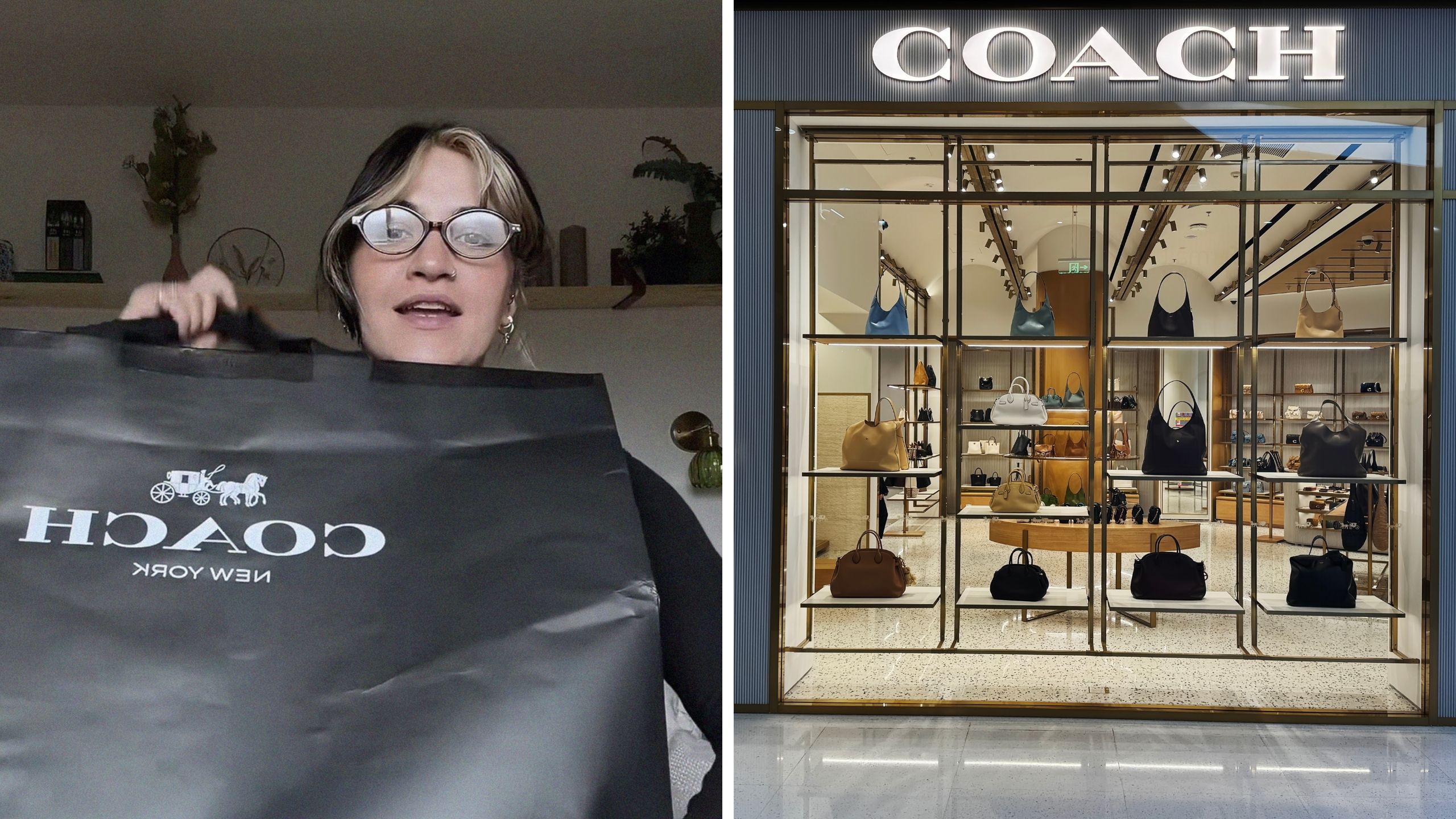 woman shares shopping tips (l) coach store front (r)