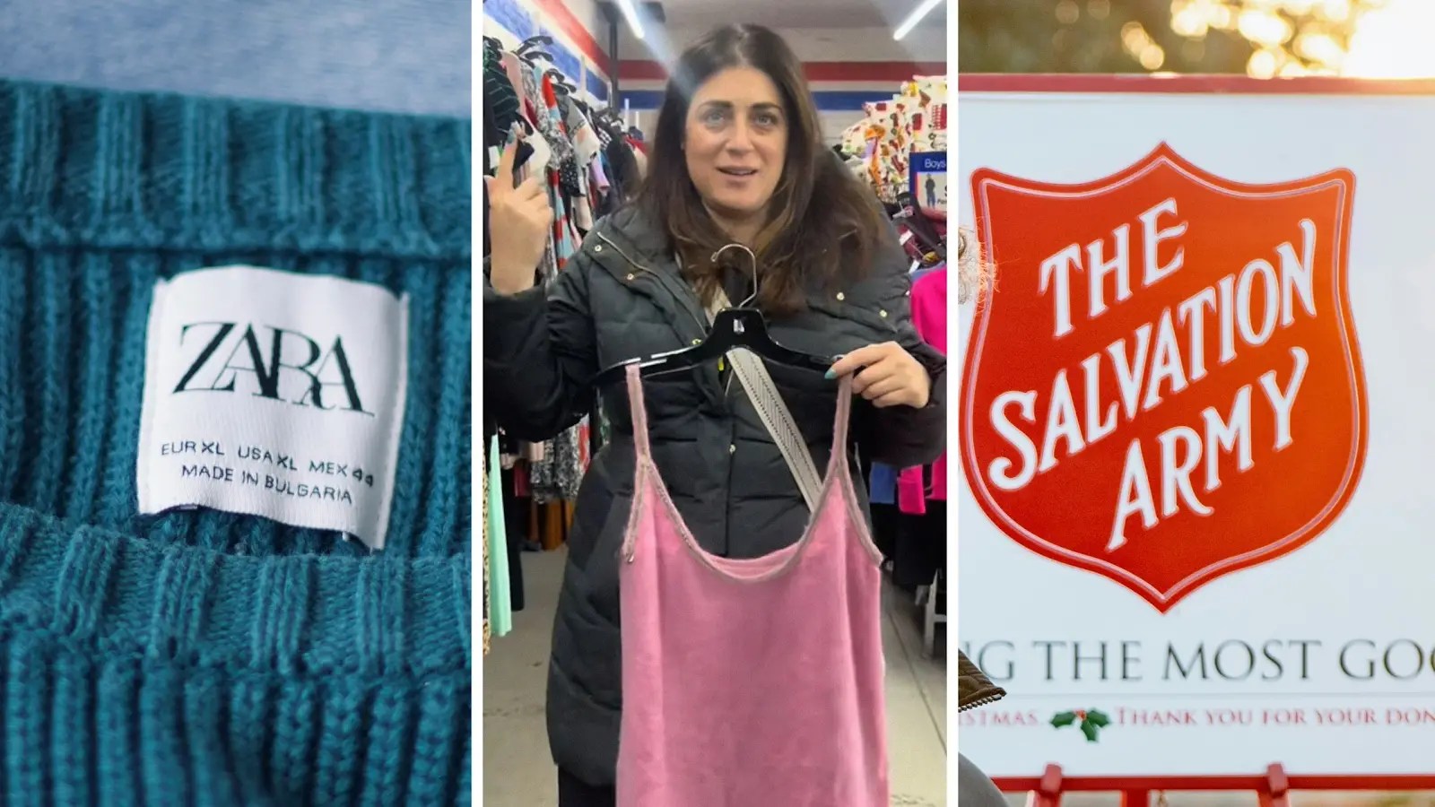 zara tag (l) woman shares shopping experience (c) Salvation army sign (r)