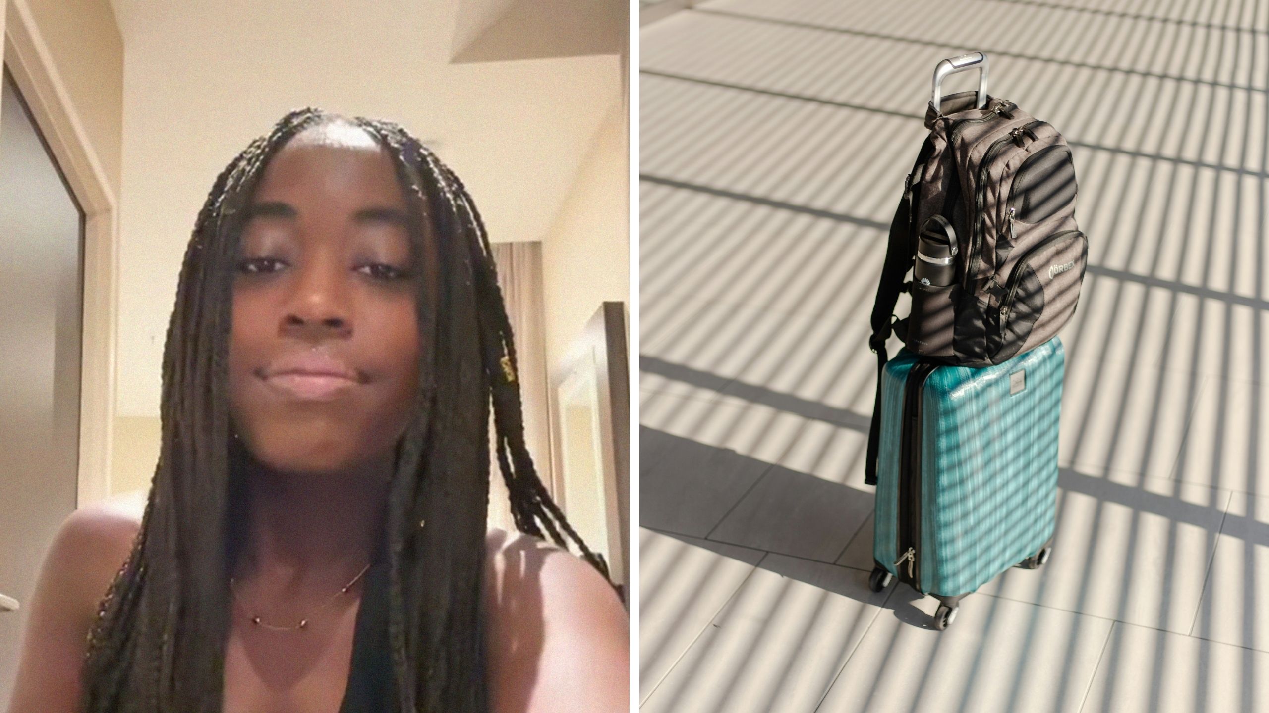 woman shares airport issues (l) luggages left behind (r)