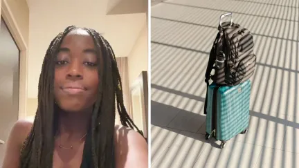 woman shares airport issues (l) luggages left behind (r)