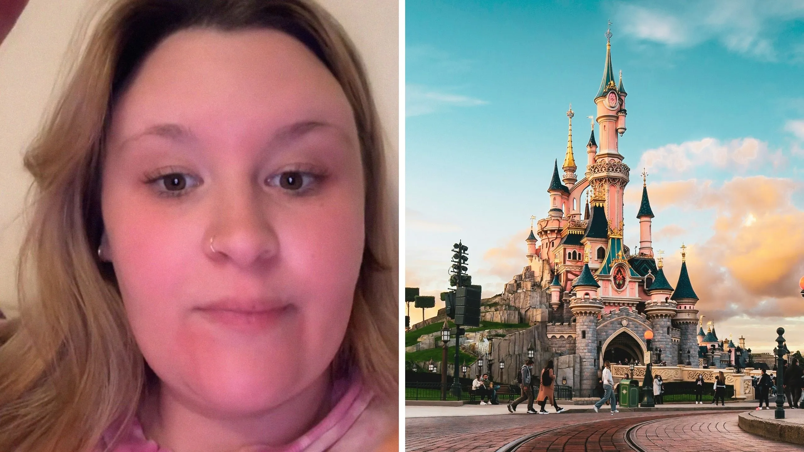woman shares disneyland issue (l) disneyland california (r)