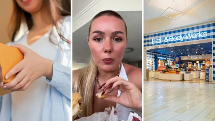 woman receives her package (l) woman shares online shopping issue (c) Bath & Body storefront (r)