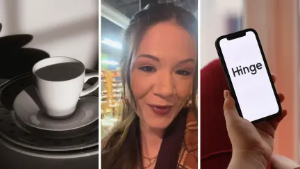 dishware collection (l) woman shares dating hack (c) hinge app (r)
