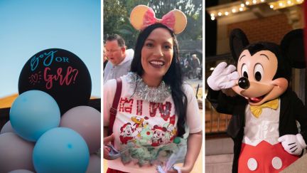 gender reveal balloons (l) woman shares disney gender reveal experience (c) mickey in disneyland (r)