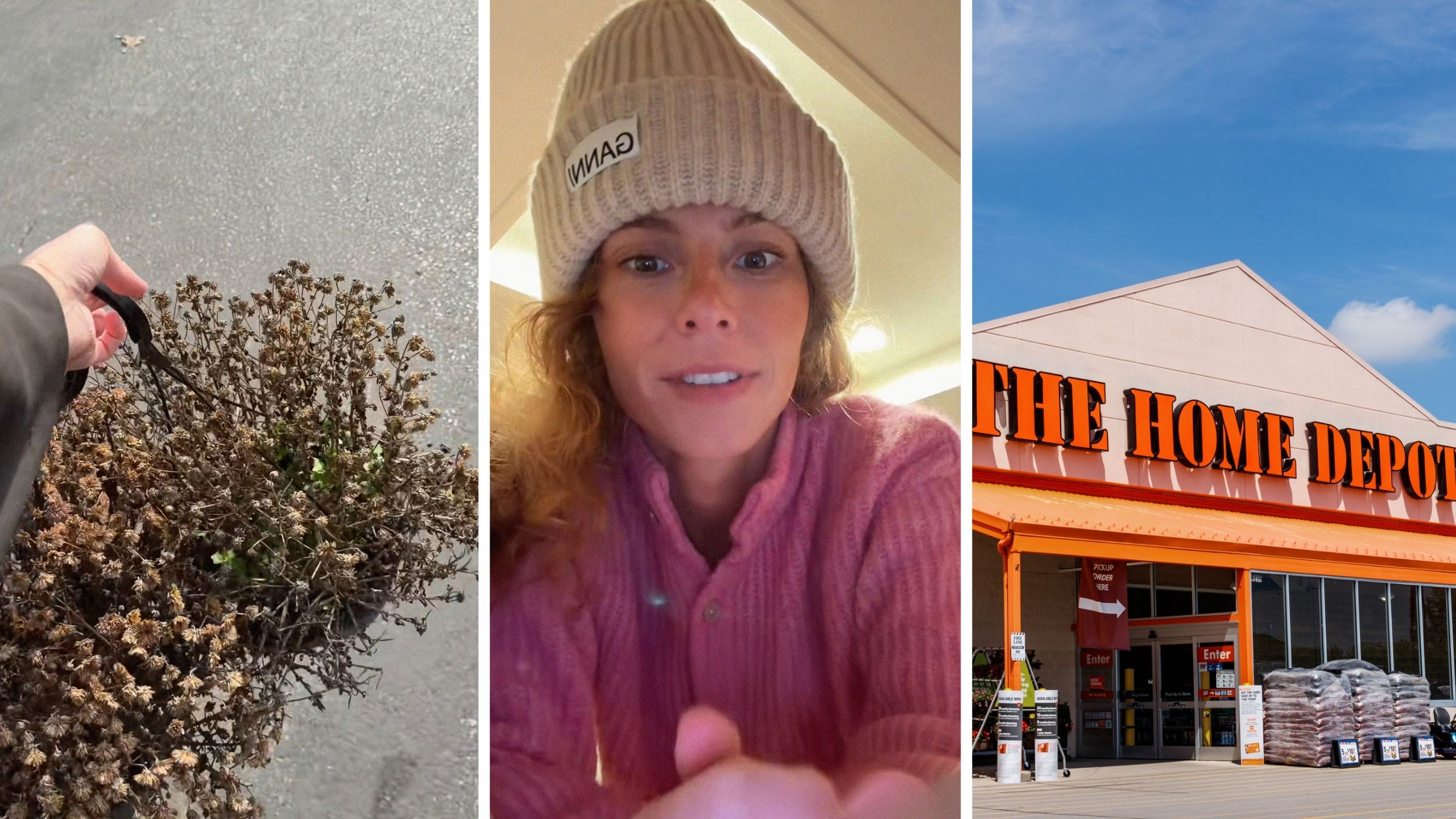 dead flowers (l) woman share the home depot hack (c) The home depot store front (r)