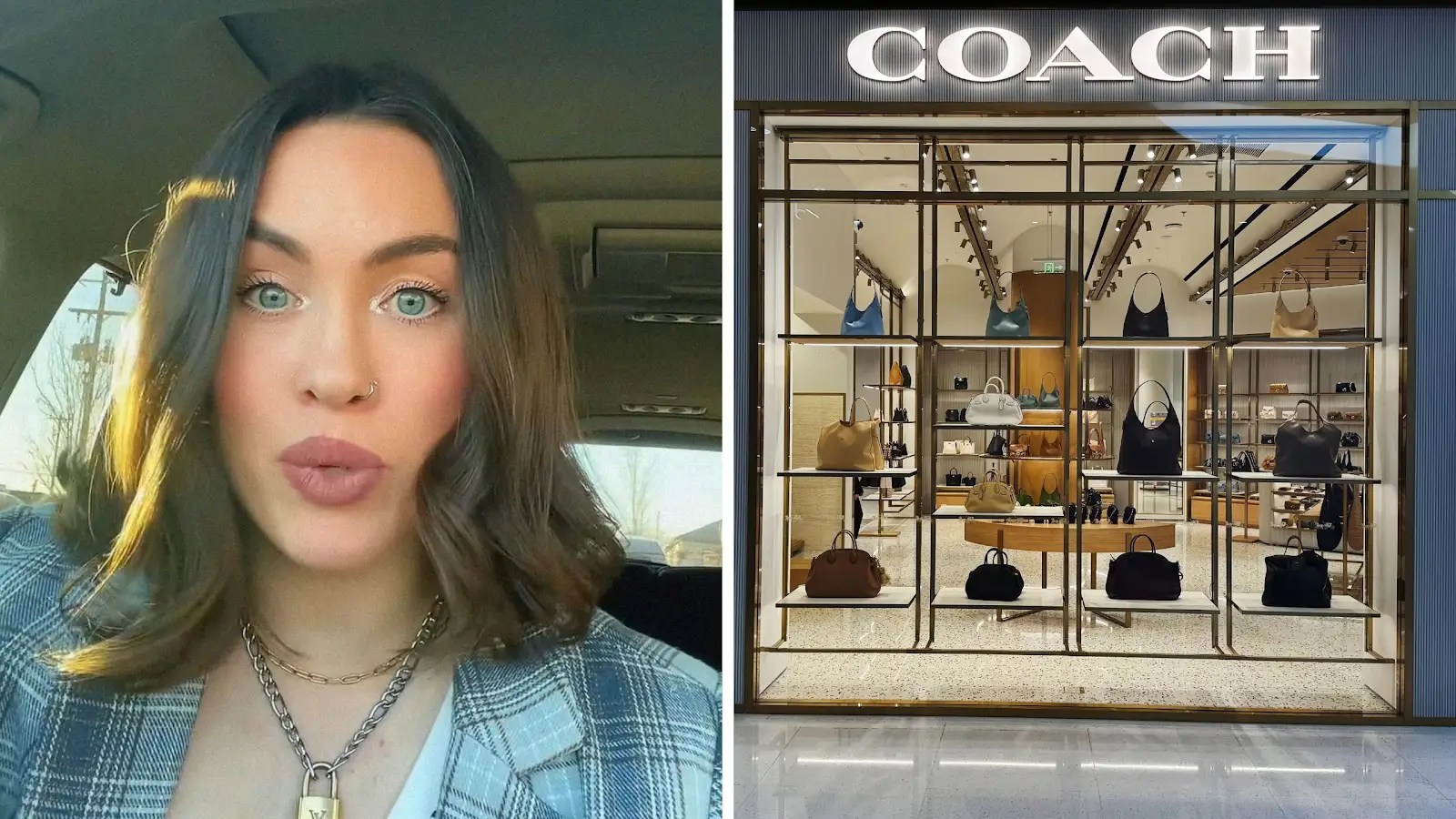 woman shares coach bag wants (l) coach store front (r)