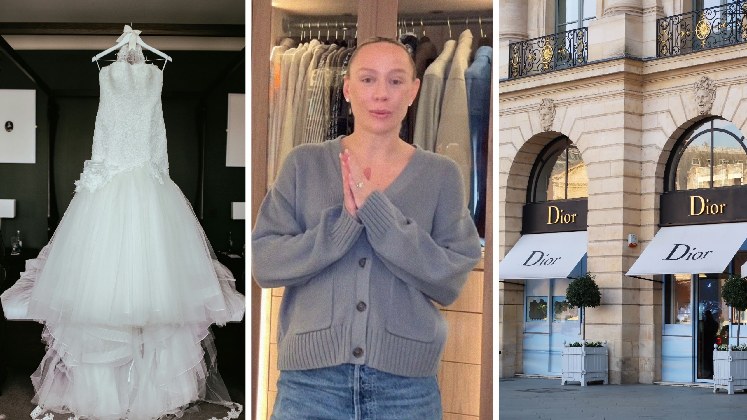 wedding dress (l) woman shares her dream wedding dress (c) dior store front (r)