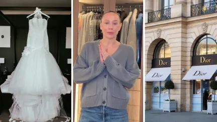 wedding dress (l) woman shares her dream wedding dress (c) dior store front (r)