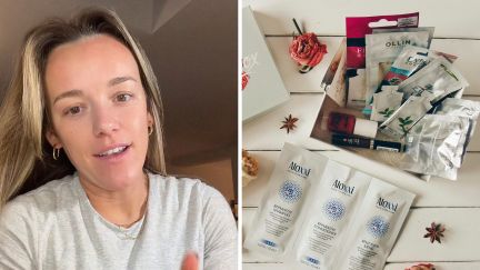 woman shares product she is addicted to (l) Bachelorette gift basket (r)
