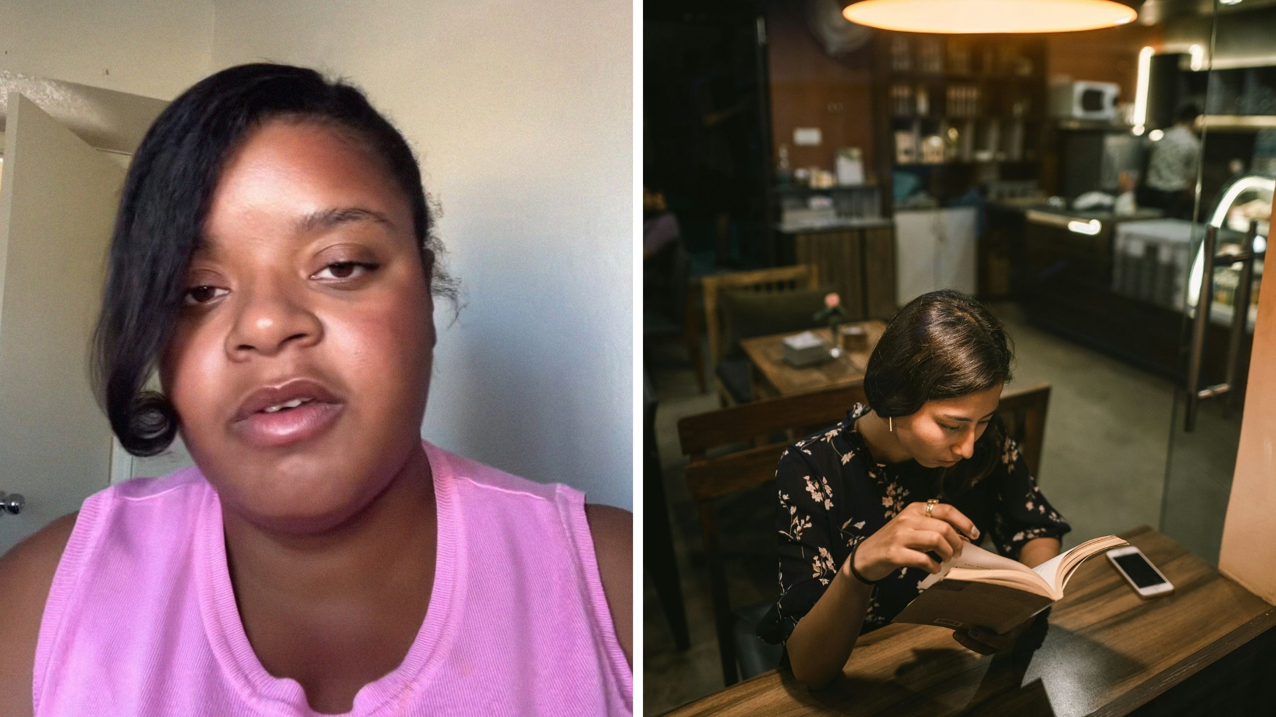 woman shares coffee shop horrible experience (l) woman studying at coffee shop (r)