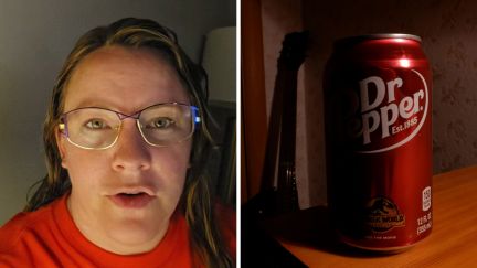 woman shares purchase issue (l) Dr. Pepper soda (r)