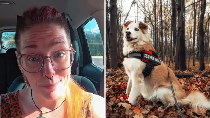 woman shares something she overheard (l) service dog (r)