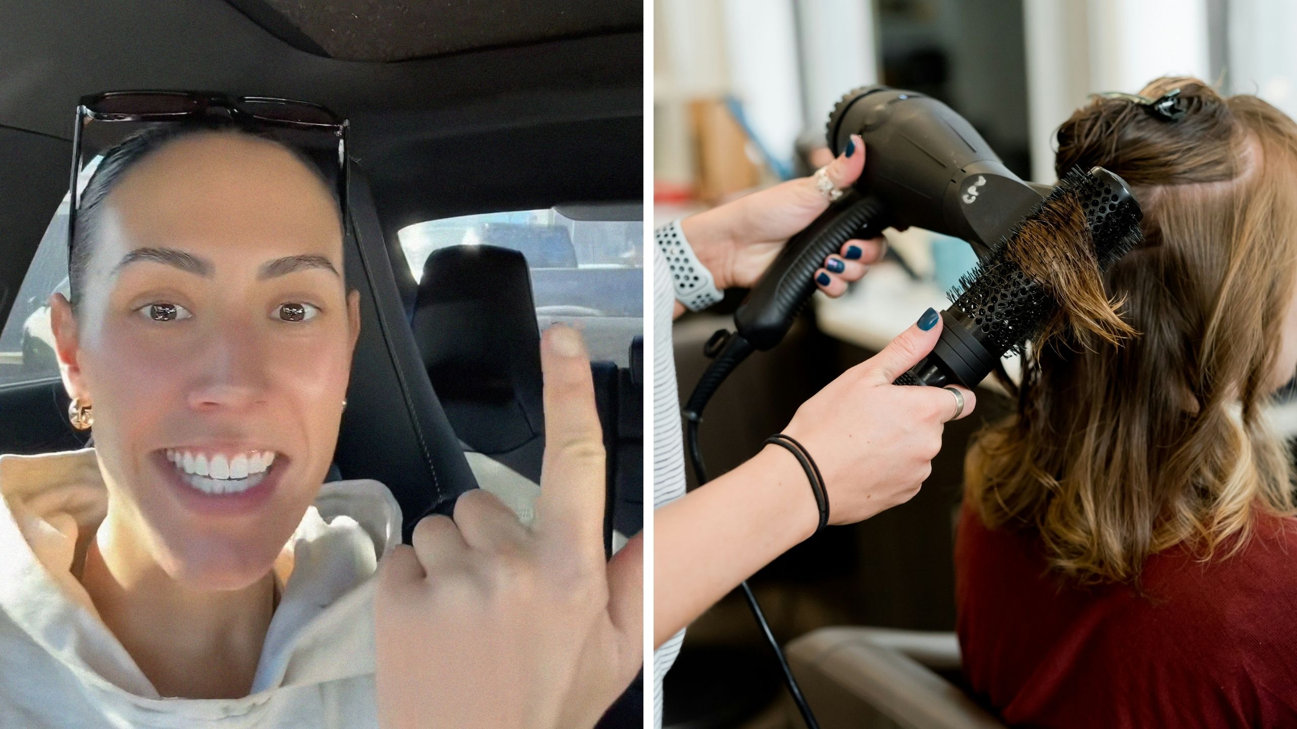 woman shares salon experience (l) hairstylist at work (r)