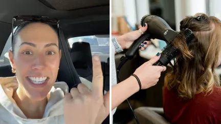 woman shares salon experience (l) hairstylist at work (r)