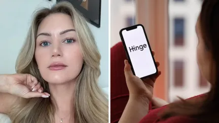 woman shares strange dating app experience (l) woman using hinge app (r)
