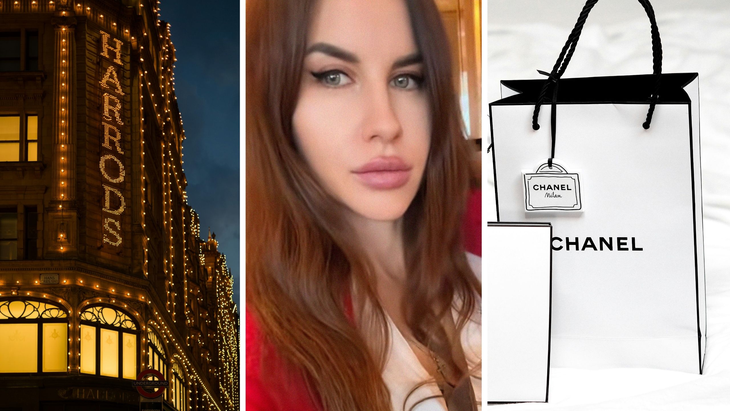 harrods entrance (l) woman shares purchase issue (c) chanel bags (r)