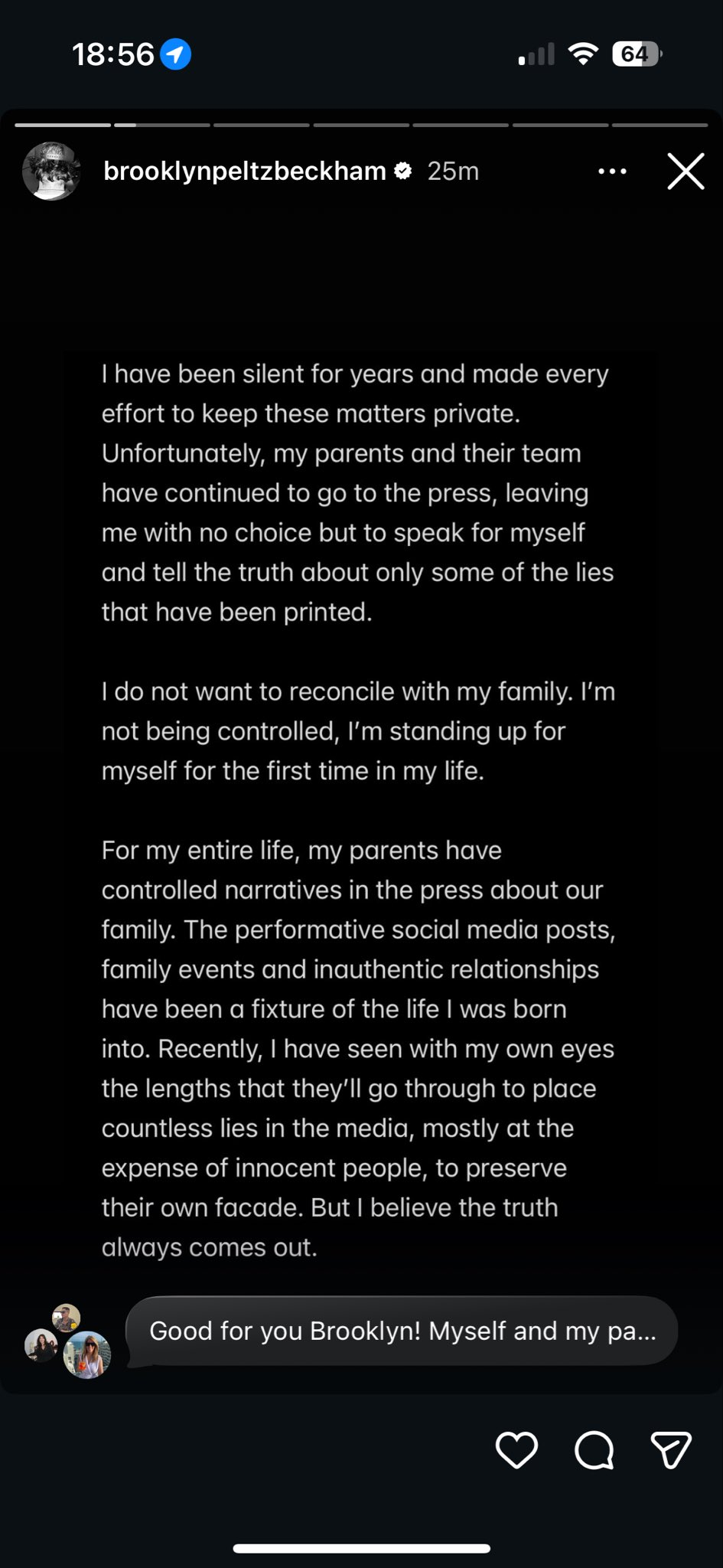 Brooklyn Peltz Beckham posts about David Beckham and Victoria.