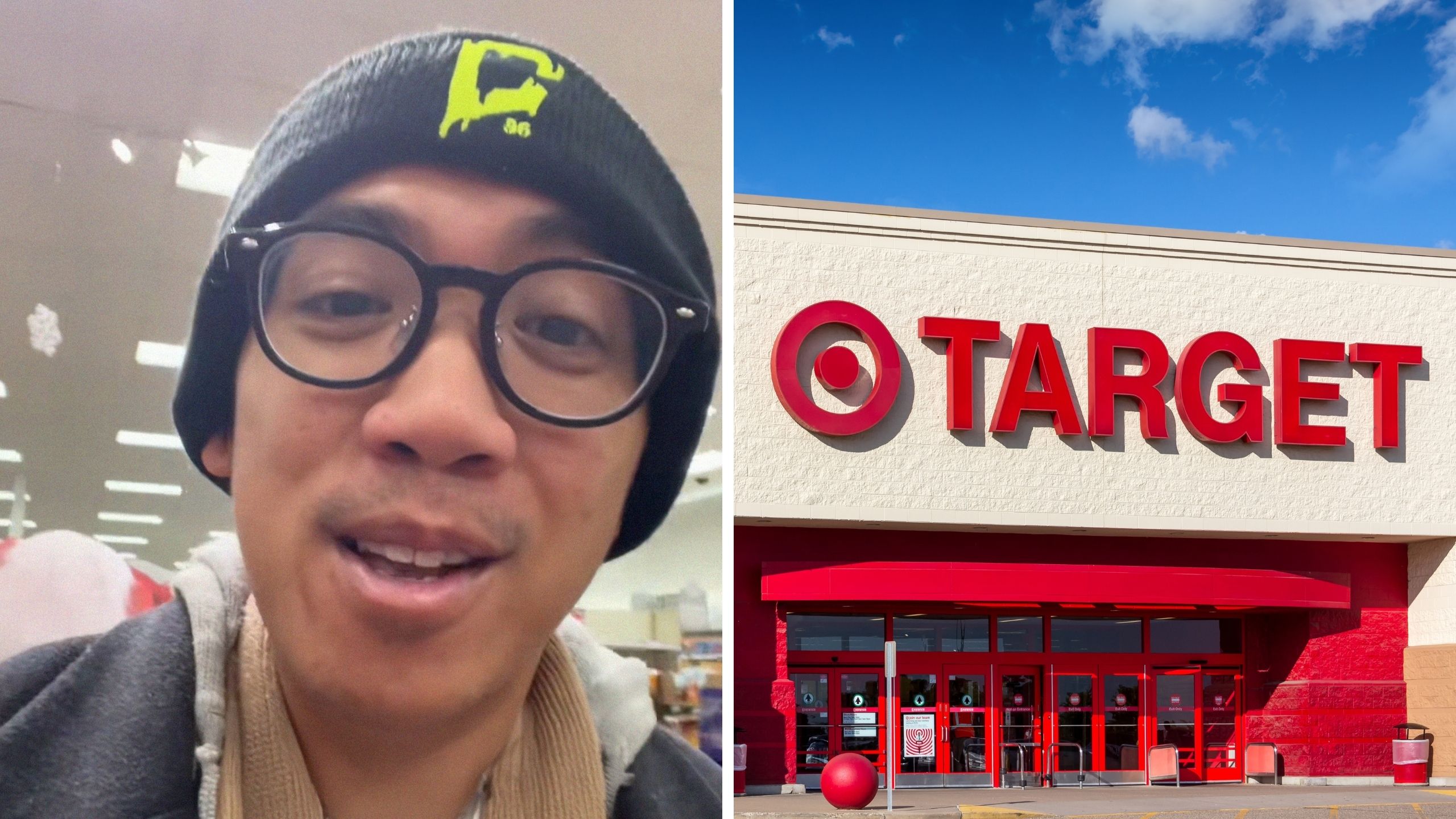 man shares target tips for sale (l) target store entrance (r)