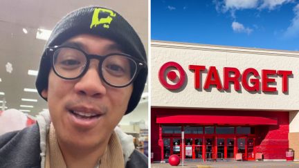 man shares target tips for sale (l) target store entrance (r)