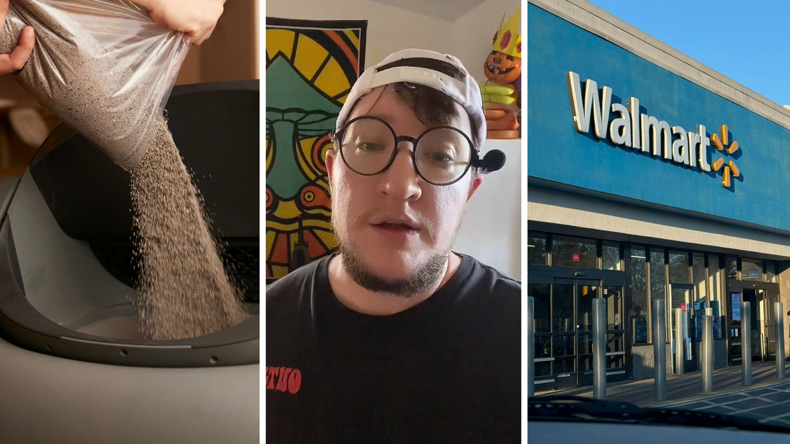 cat litter (l) man shares walmart shopping issue (c) walmart front entrance (r)