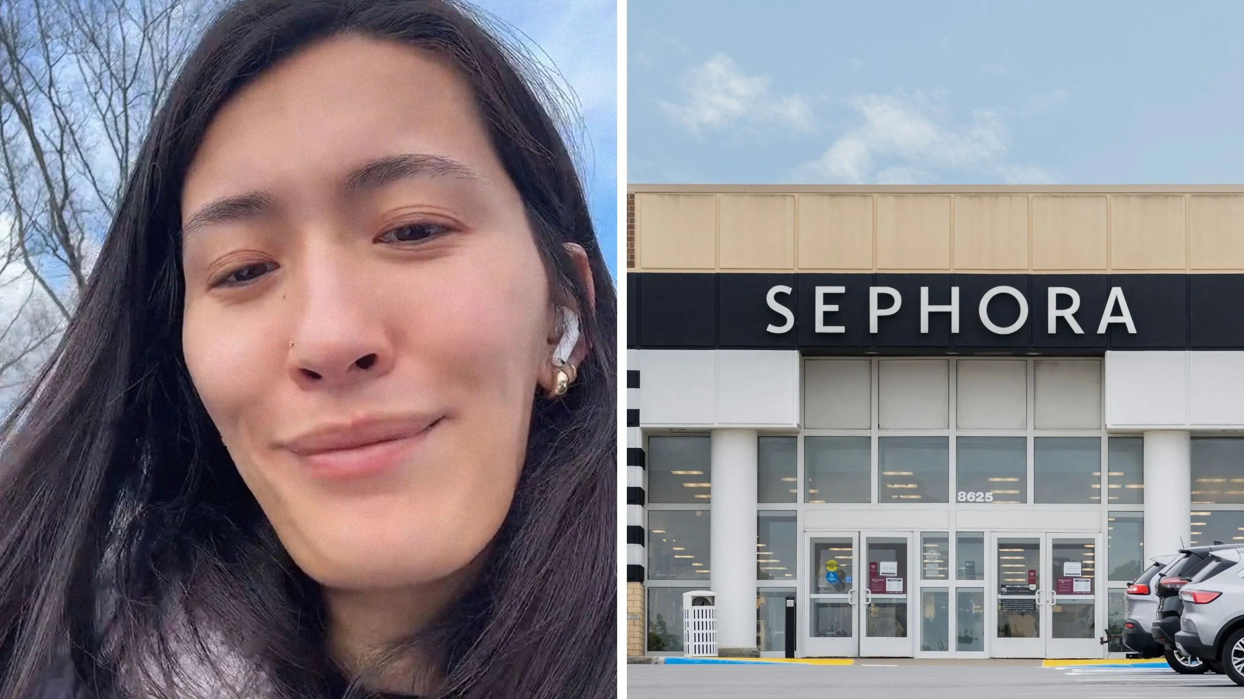 woman shares sephora purchase (l) Sephora storefront (r)
