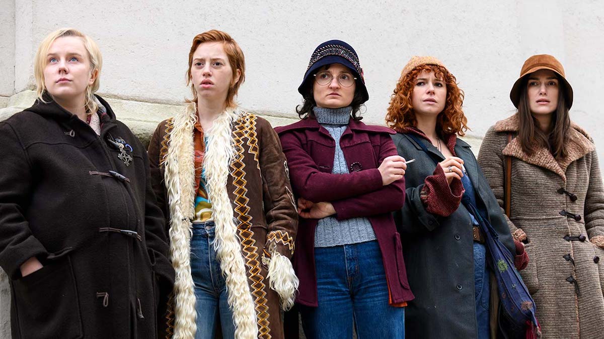 Group of feminist activists in the film Misbehaviour lead by characters played by Kiera Knightley and Jessie Buckley