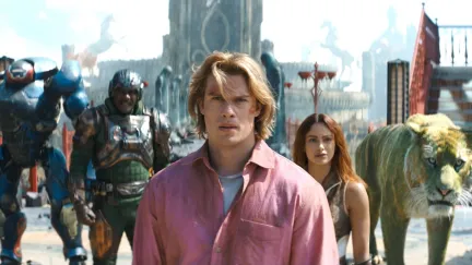 a group of people walking in a line