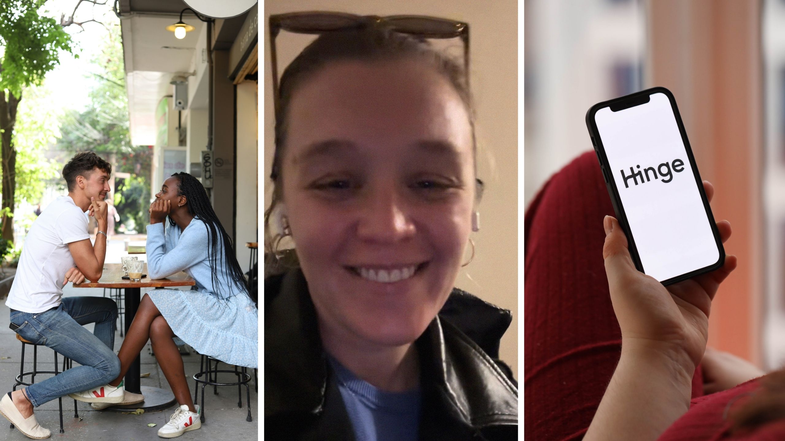 man and woman on a first date (l) woman shares what her husband did (c) hinge app (r)