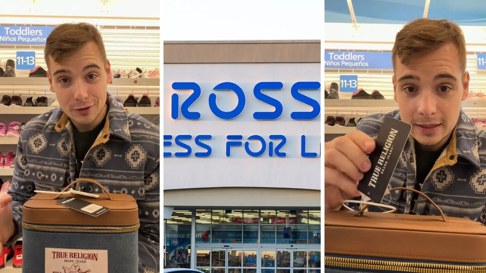man shopping at ross (l) ross storefront (c) man gives shopping tips (r)