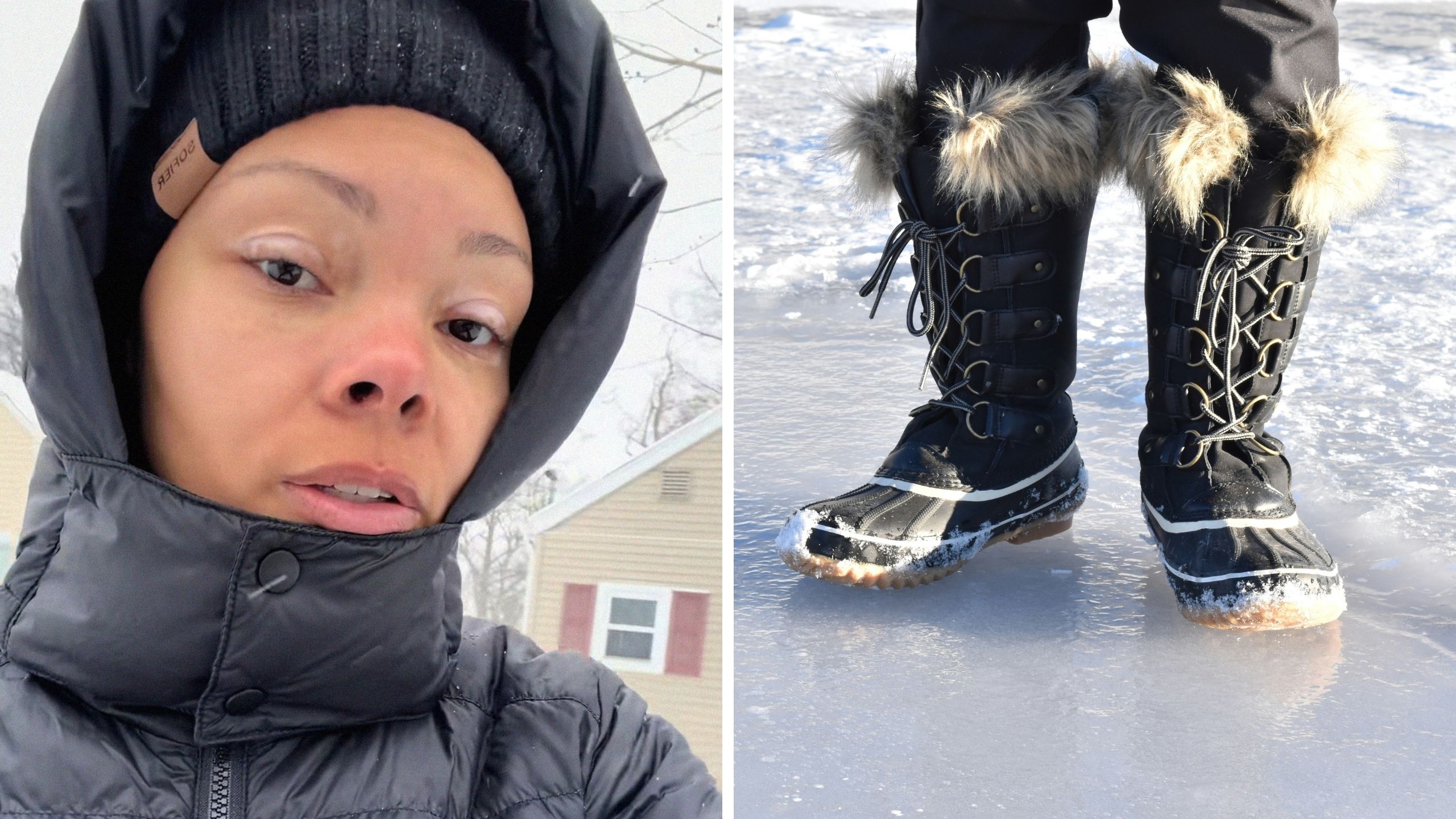 woman shares how much she loves her snow boots (l) snow boots (r)