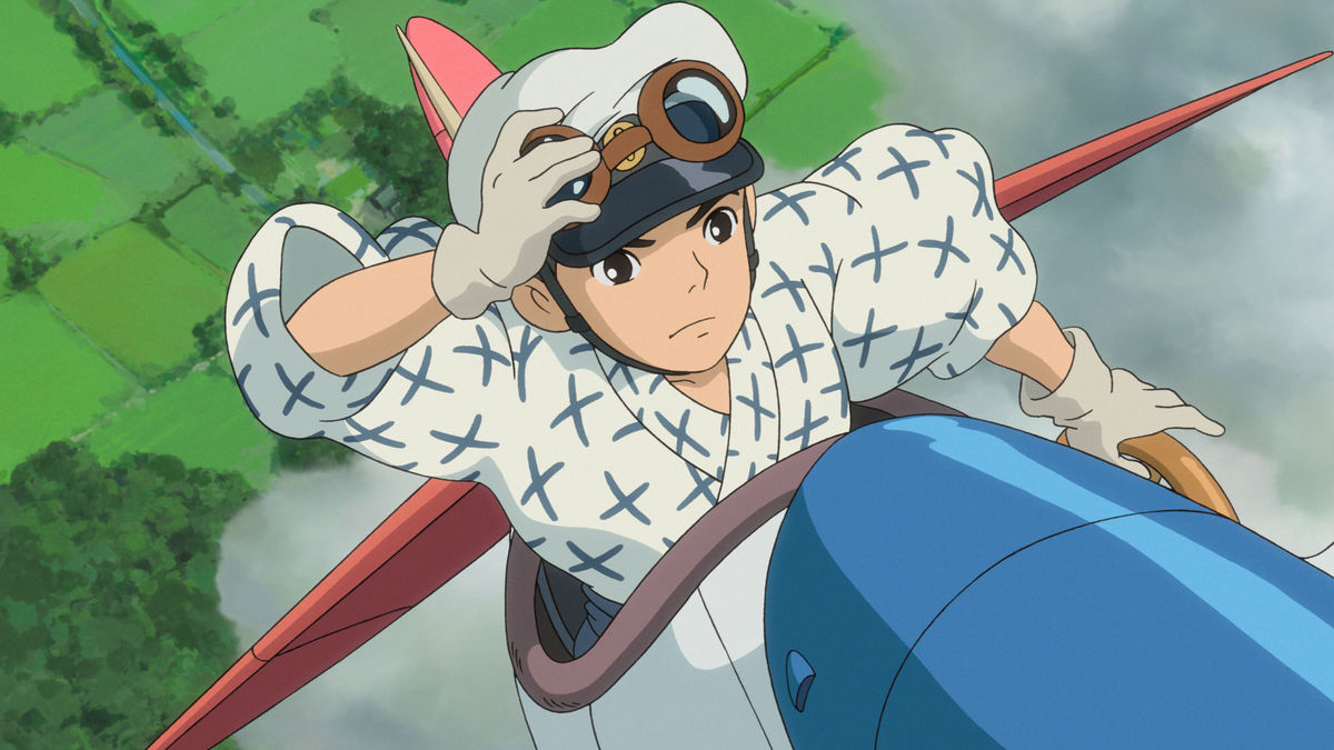 A boy rides a plane into the sky in "The Wind Rises"