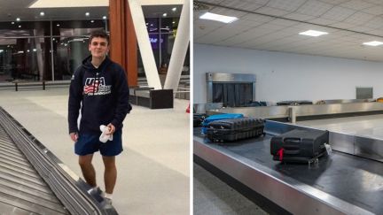 man waits for his luggage (l) suitcases coming out of carousel (r)