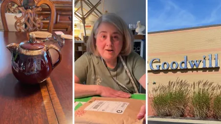 brown teapot (l) woman shares goodwill issue (c) goodwill store front (r)