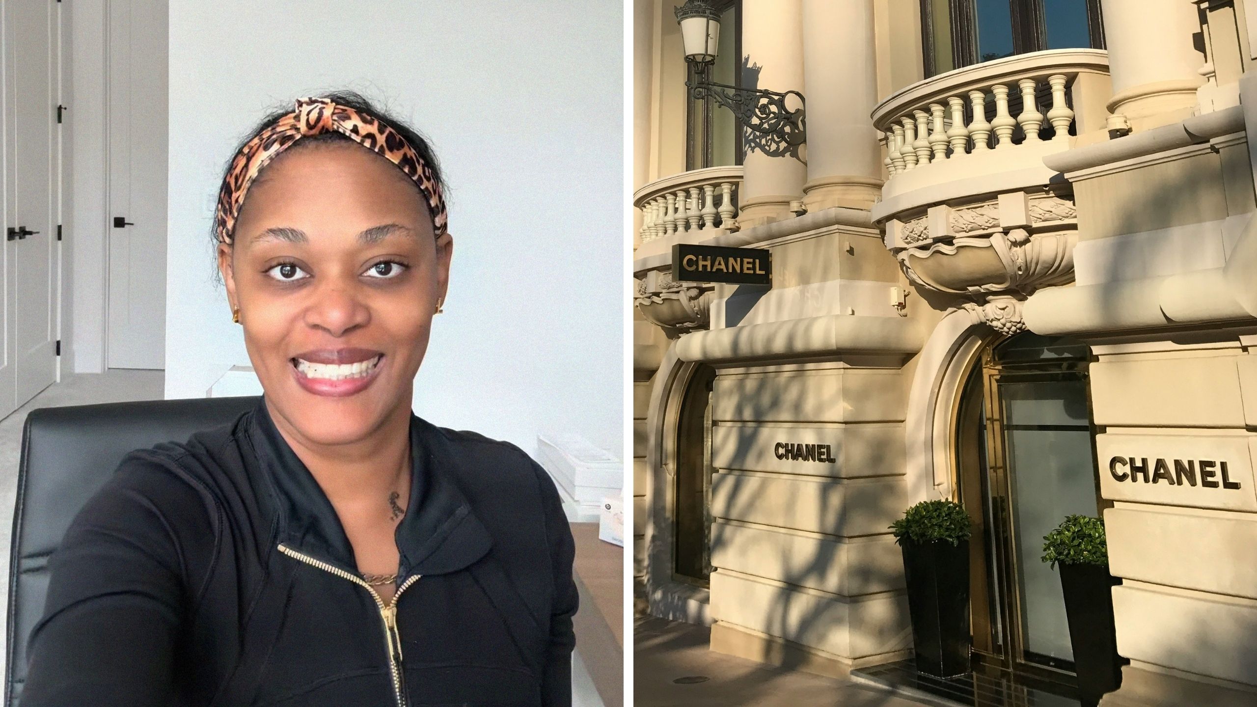 woman shares chanel shopping experience (l) Chanel store entrance (r)