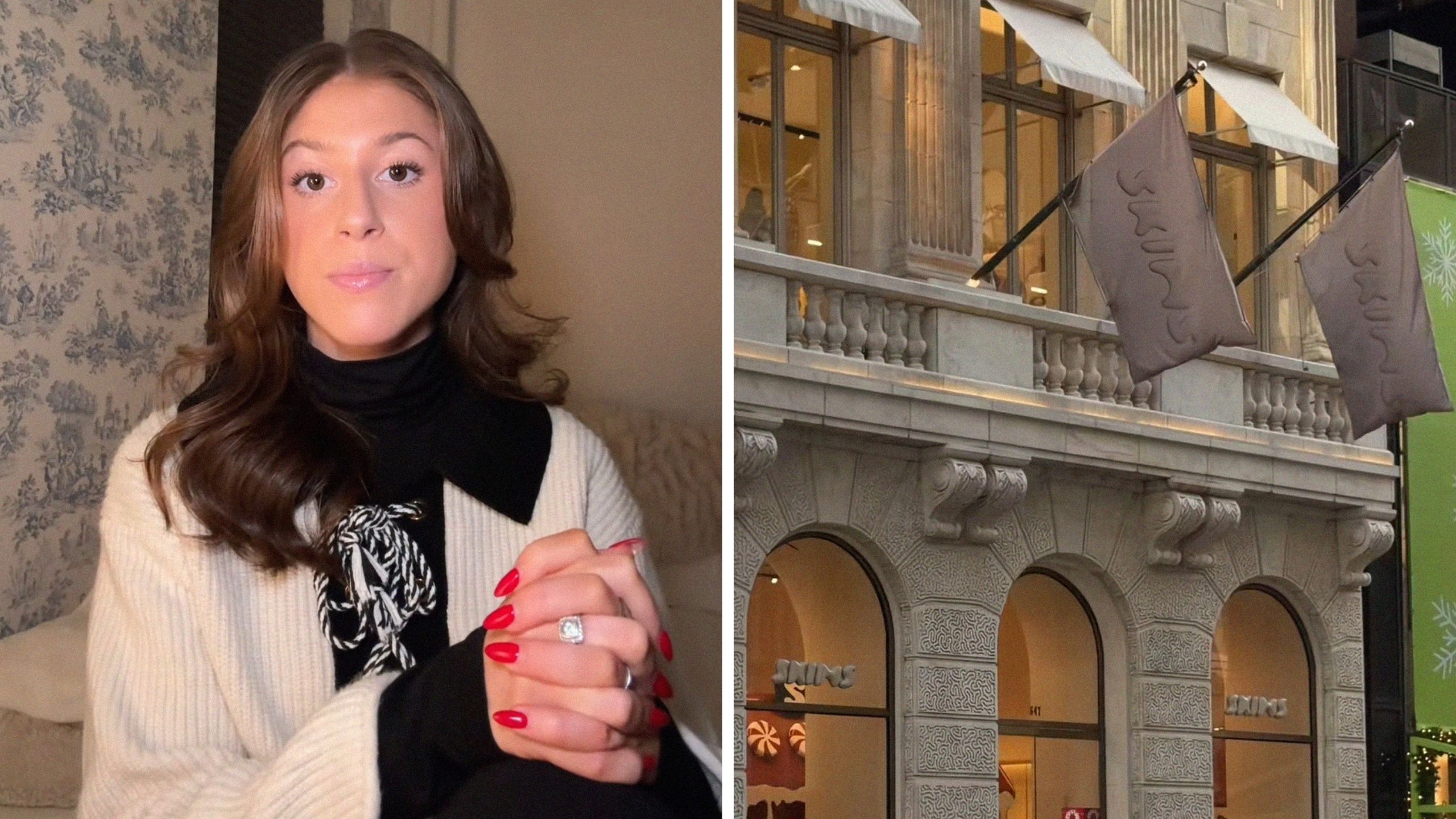 woman shares skims issue (l) Skims storefront (r)