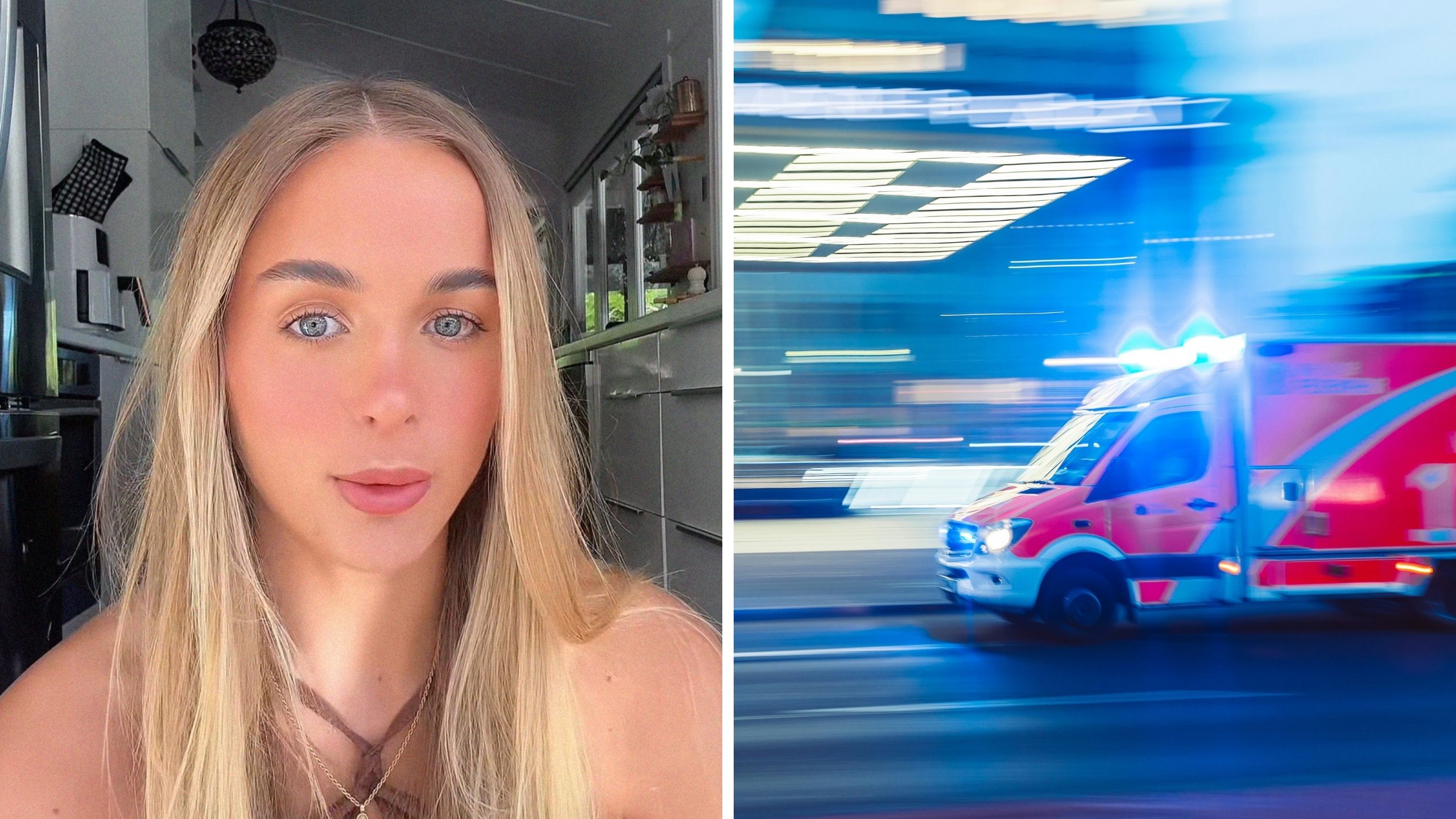 woman shares lip filler experience (l) ambulance rushing to hospital (r)