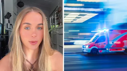 woman shares lip filler experience (l) ambulance rushing to hospital (r)