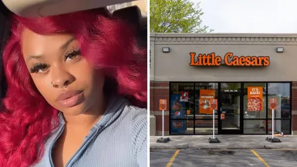 woman shares receipt issue when purchasing food (l) Little caesars store front (r)