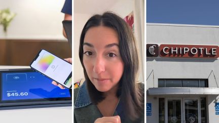 paying tablet (l) woman shares warning to customers when paying (c) chipotle front entrance (r)