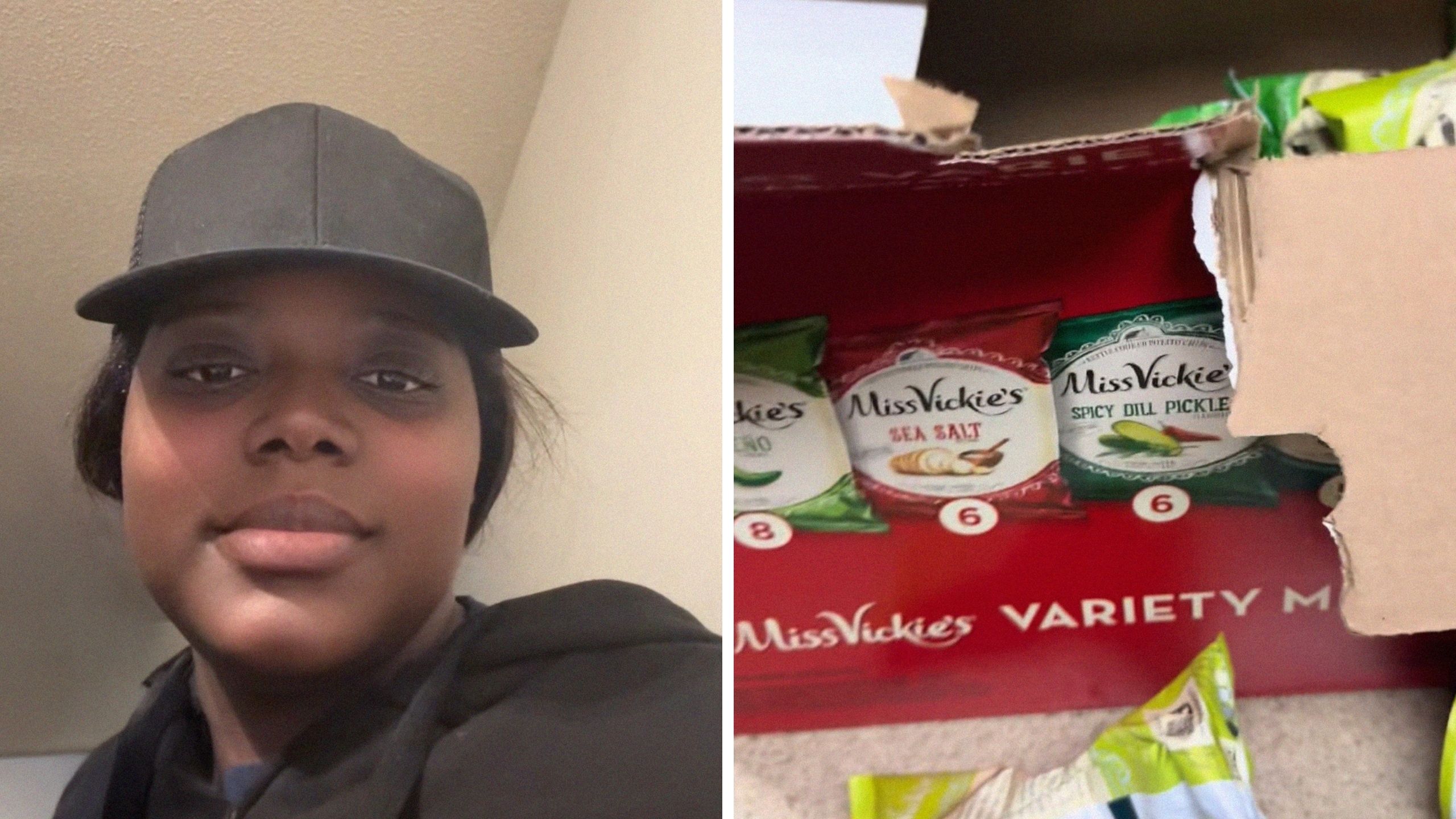 woman shares chips purchase issue (l) Miss Vickie;s chips variety pack (r)