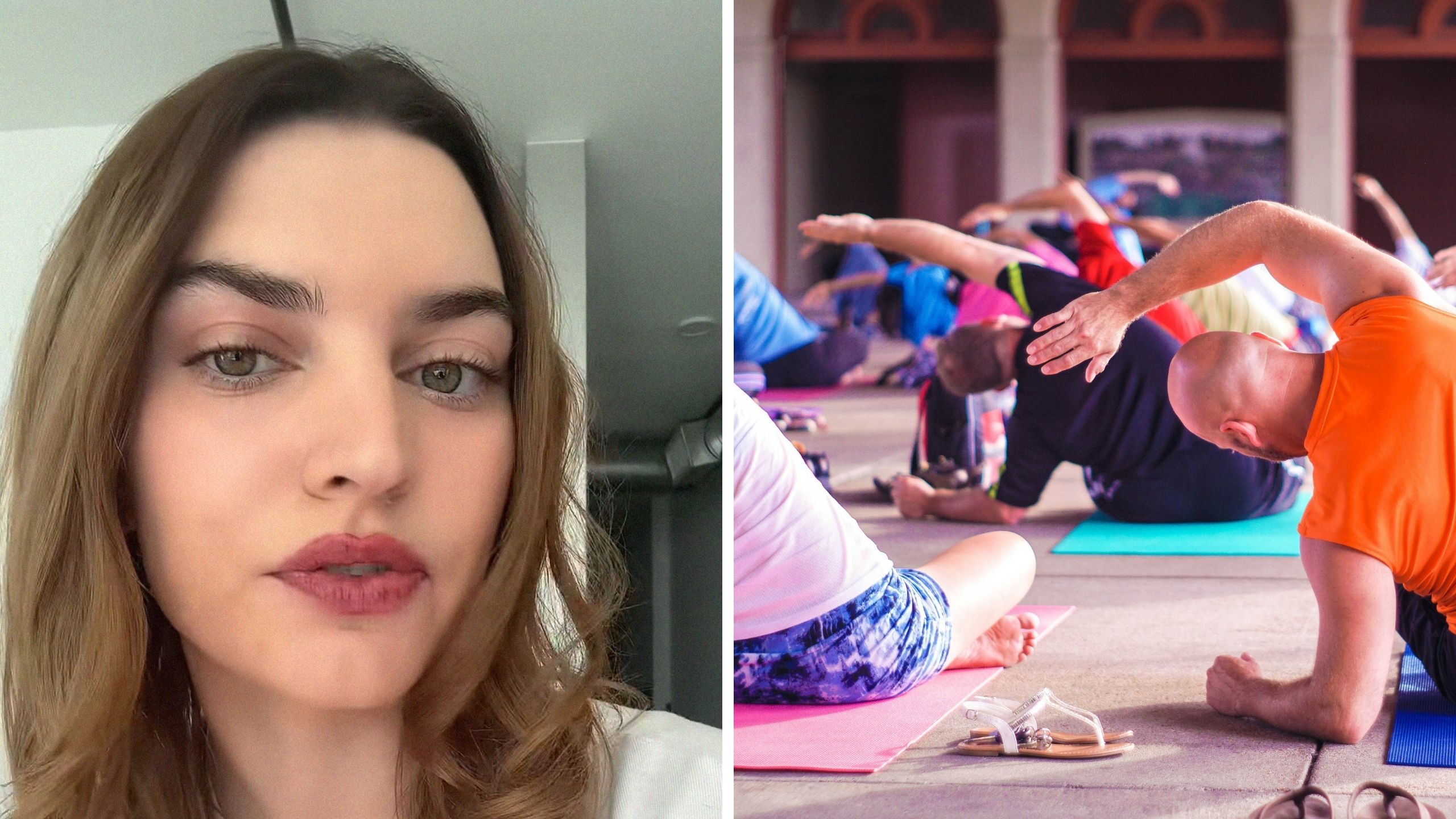 woman shares yogu class experience (l) Yoga class (r)