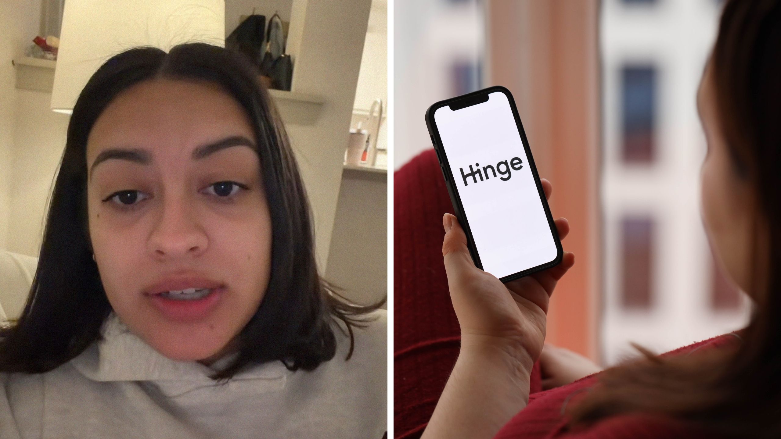 woman shares strange hinge match experience (l) woman on hinge app (r)