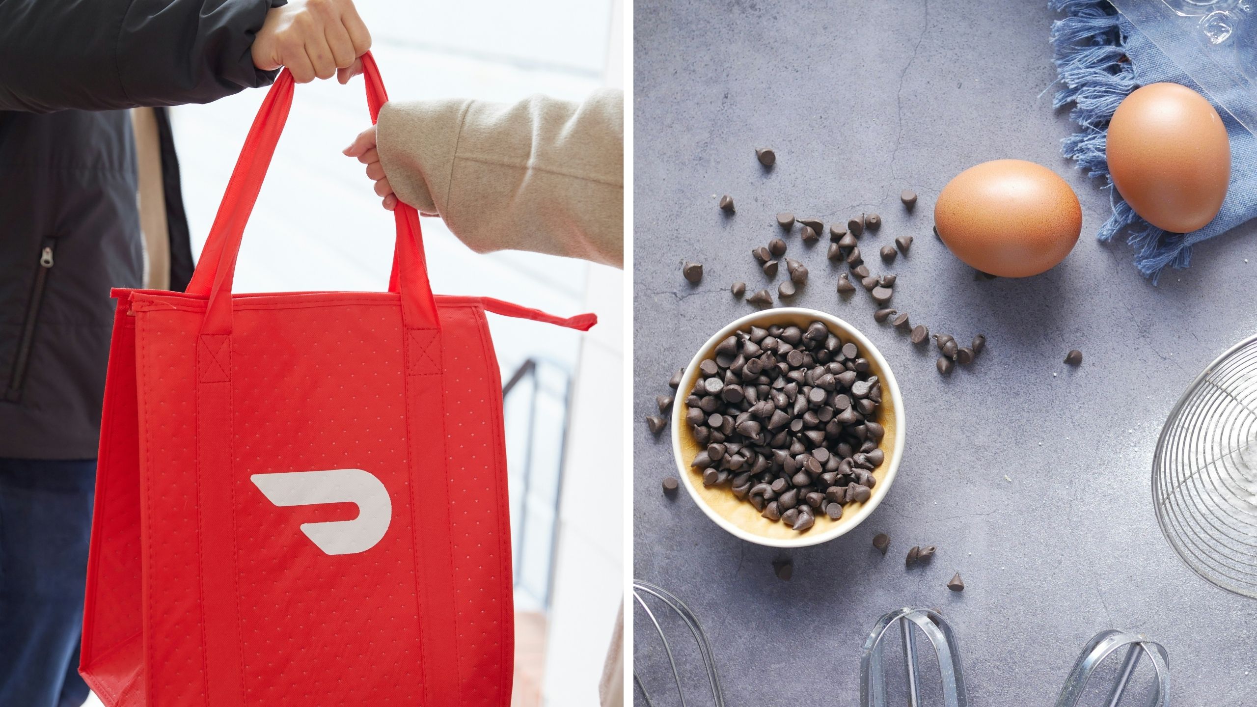 woman uses doordash for baking supplies (l) chocolate chips for baking (r)