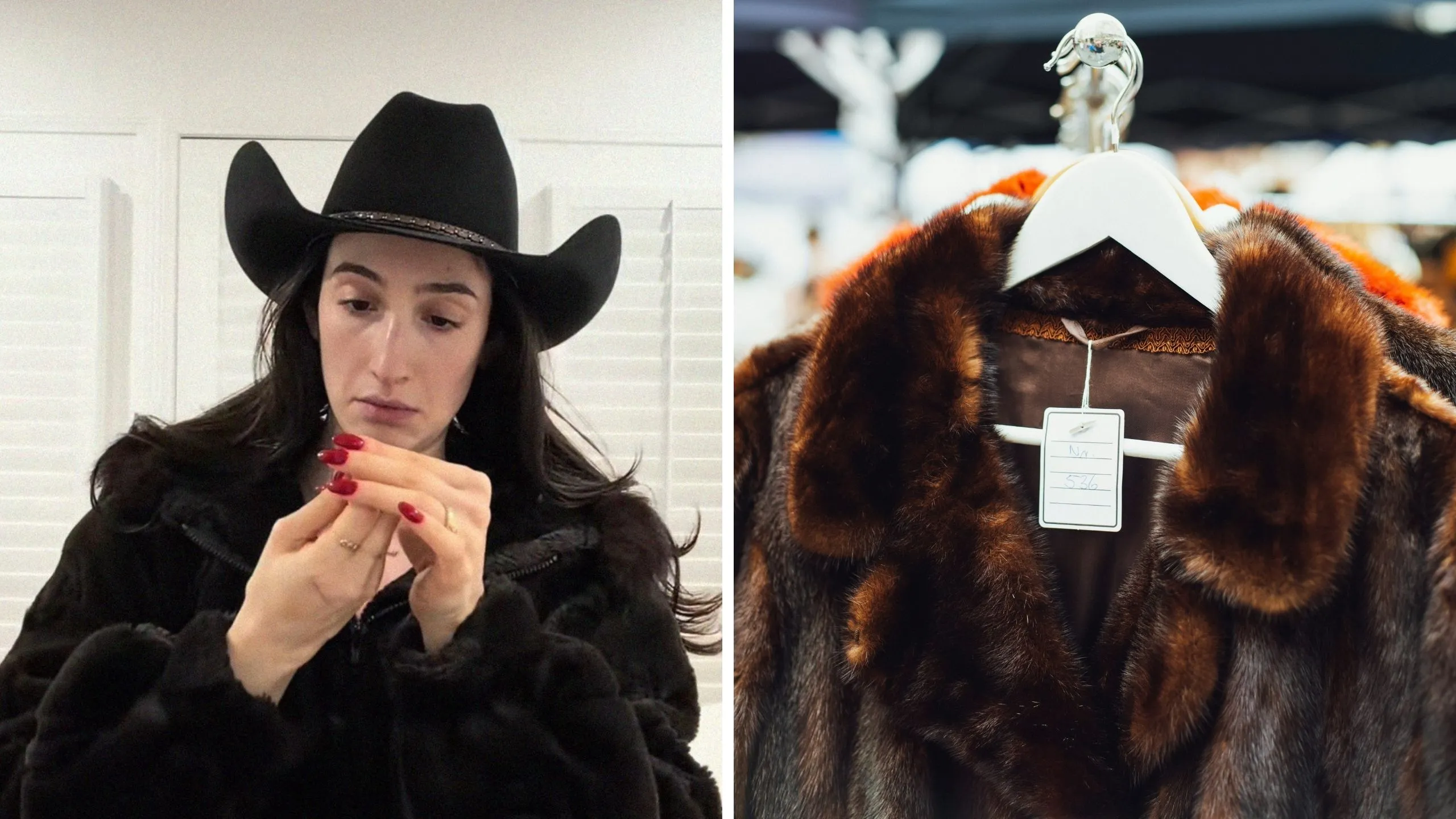 woman shares coat purchase (l) fur coat (r)